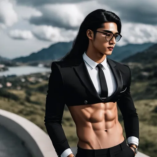Prompt: an attractive extremely long-haired 20-years old smirking man with a six pack abs and eyeglasses wearing a crop top black suit and tie with black suit pants, standing, sideview, he is outside, cloudy sky