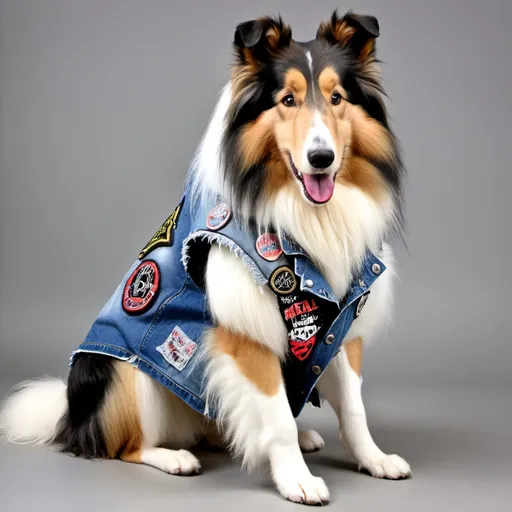 Prompt: Rough Collie wearing a heavy metal music denim vest with patches