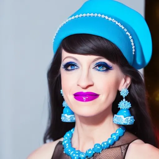 Prompt: Kellyanne conway eating blue frosty ice cream cake , inside cavernous bakery,  blue lipstick, pleasant face, blue eyes, Black eyeshadow, Sugar Hat, extremely large ice earrings. Wide Blue heart necklaces, Cold color scheme, ultradetailed, 8k resolution, perfect, smooth, high quality, shiny. 