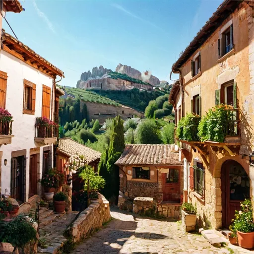 Prompt: Beautiful Vista in a Spanish Mountain Village, (picturesque scenery), vibrant colors, charming architecture with terracotta roofs, lush green hillsides, clear blue sky, warm sunlight casting soft shadows, (serene atmosphere), traditional village texture, cobblestone streets winding through homes, distant majestic mountains, (ultra-detailed), (4K) imagery, inviting and idyllic setting, (landscape inspired by impressionism).