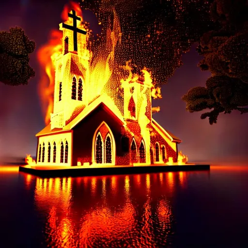 Prompt: long shot, church on fire, cute, dark lighting, mysterious body of water, 3d render, highly detailed