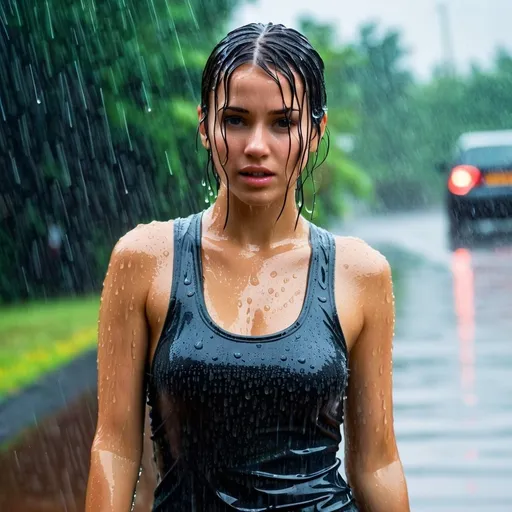 Prompt: Generate a photo of a young woman, wearing a  long tight dress,  standing in the rain. She is enjoying being in her wet clothes, water dripping from her clothes, which are stuck to her body.  The image should show detailed textures of the wet fabric, a wet face, and plastered hair. The overall effect should be shiny and wet, with professional, high-quality details and a full body view.
