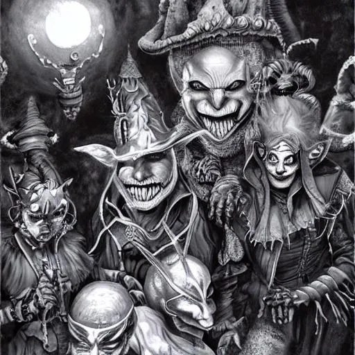 Prompt: photo realism DMT machine elves, pointy hat jesters and scary clowns