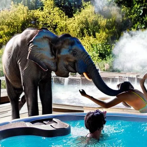 Prompt: elephant into hot tub