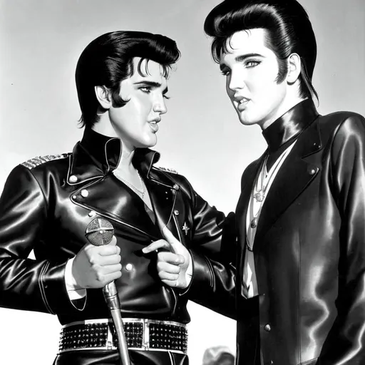 Prompt: Elvis Presley from 1969 meeting Austin Butler who is dressed as elvis from the milton berle show from 1956 and praising him for his performance while Austin Butler is just blushing. Both men have a charm to them. Elvis is proud of Austin Butler and is dressed in his 1969 black jumpsuit. Elvis is taller than Austin. Both of them look exactly like they did in real life.
