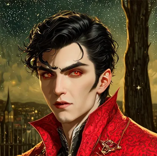 Prompt: portrait of a vampire with black hair, and a handsome face, starry night background, perfect composition, hyperrealistic, super detailed, 8k, high quality, trending art, trending on artstation, sharp focus, studio photo, intricate details, highly detailed