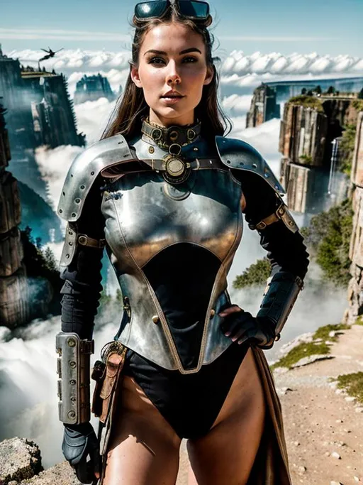 Prompt: Realistic futuristic dystopian landscape, heavy mist, at the edge of a mountain, with a large time hole on the ground,

Depicting a female Steampunk High Fantasy Time Keeper, an exquisite portrayal of an exotic, gorgeous, slender, ultra realistic young adult woman, wearing a heavy iron collar,

Gorgeous perfectly detailed facial features, long legs, vibrant sumptuous perfect body, ultra pale, visible midriff, 

Perfect studio lighting, perfect shading, Professional Photo Realistic Image, RAW, artstation, splash style dark fractal paint, contour, hyper detailed, intricately detailed, unreal engine, fantastical, intricate detail, steam screen, complimentary colors, fantasy concept art, 64k resolution, deviantart masterpiece, splash arts, ultra details Ultra realistic, hi res, UHD, 64k, 3D rendering.