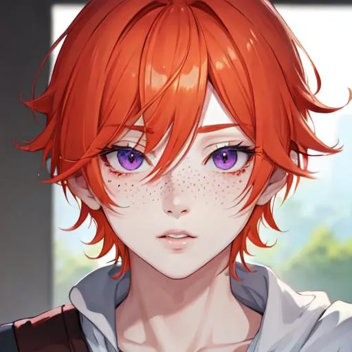 Prompt: Erikku male (short ginger hair, freckles, right eye blue left eye purple) UHD, 8K, Highly detailed, insane detail, best quality, high quality, casual outfit