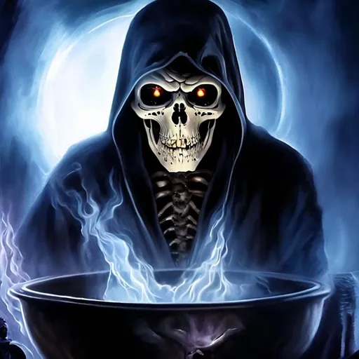 Prompt: Close up of the Grim Reaper looking into a cauldron of Souls