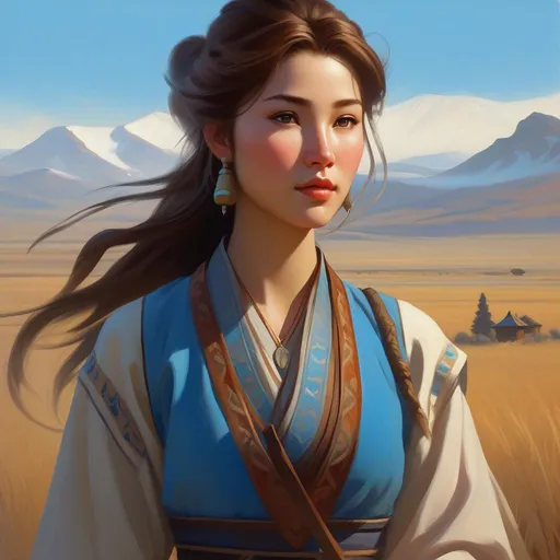Prompt: Third person, gameplay, ancient Mongolian girl, pale skin, brown hair, brown eyes, steppe, fog, blue atmosphere, cartoony style, extremely detailed painting by Greg Rutkowski and by Henry Justice Ford and by Steve Henderson 