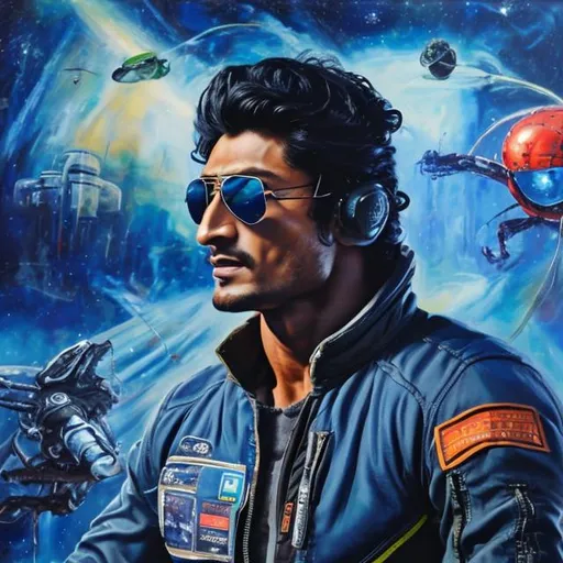 Prompt: oil painting of Vidyut Jammwal in a Sci Fi setting. Dark blue jacket, sunglasses.  at the controls of a spider themed space ship flying though the moutains