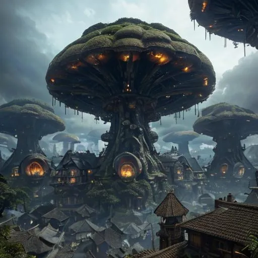 Prompt: village with old houses inside monster mushrooms, oil painting, dieselpunk mixed with cyberpunk mixed with rainforest environment with a blue cloudy sky, very crowded hyperfuturistic, high quality light and shadows, high detailed 64k octane render, photorealistic ultra hd, hyper realistic surrealism, very high detailed foreground and background ,very finely worked out facial features and finely worked out details , perspective from a distance, reflective surfaces, high saturated with fresh surrealistic colors, colorful, sharp focus, by artstation, pinterest, deviantart 