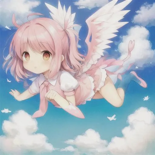 Prompt: Pink and white cat with wings in a cloud 