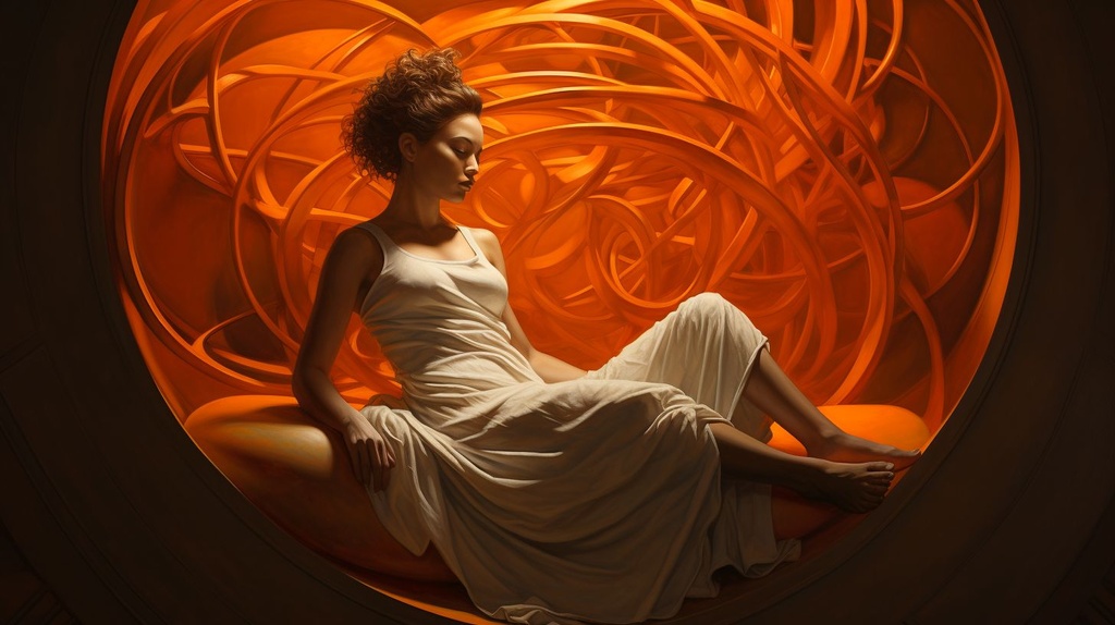 Prompt: a woman with wings sits in a circle near an orange spiral, in the style of zbrush, dreamlike realism, trompe-l'œil illusionistic detail, swirling vortexes, strong sense of light, mind-bending sculptures, kieron gillen