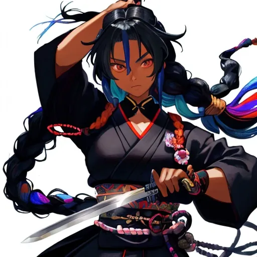 Prompt: Black female samurai with long colorful braids a sword in both hands 