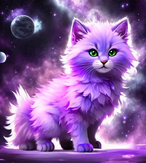 Prompt: Cute, purple, fluffy, fantasy space kitten, with starry, purple eyes, purple fur, and possessing the element of space and making circles of stars
 move around in the air in a magical way, in a space background. Perfect features, extremely detailed, realistic. Krenz Cushart + loish +gaston bussiere +craig mullins, j. c. leyendecker +Artgerm.