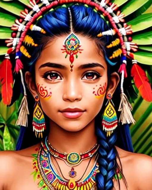 Prompt: "Generate a detailed image of young indigenous people from a Brazilian tribe, with intricate colorful traditional costumes and ornate jewelry adorning their bodies. Their faces should be expressive and reflect their cultural heritage, with painted markings and tattoos that have meaningful meaning. The environment should reflect the natural beauty of the Brazilian rainforest, with lush vegetation and a serene, calm atmosphere. The woman should be shown to be involved in a cultural activity, such as dancing or weaving, to further emphasize the richness and diversity of her heritage."
create in manga