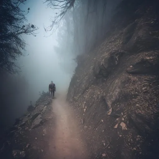 Prompt: trail going to nowhere in the mountain in the mist
and very far in the mist there is humanoid shadow standing