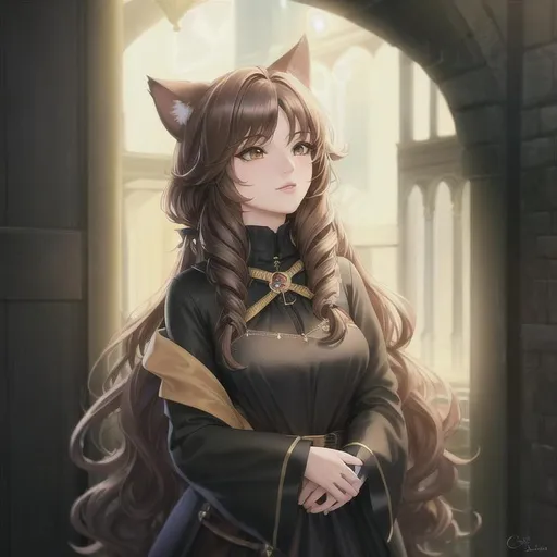 Prompt: 4K, 16K, high quality, extremely detailed, highly realistic, cat ears, picture quality, latina, brown long hair (curly - wavy ) (female), fantasy, witch (female)