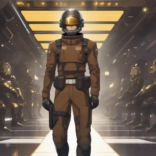 Prompt: From distance. Whole body. Full figure. A Czech male soldier in scifi 20th century uniform.  Cyborg implanted. He has a scifi adrian helmet with a scifi line visor covering his face.  Dark brown uniform with gold details.  In background a space base. Anime art. Hideoki Ano art. Evengelion art. Rpg. Anime style. Akira art. 2d art. 2d. Well draw face. Detailed. Whole figure. Full body. 