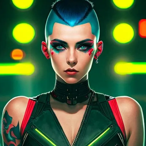 Prompt: beautiful pale cyberpunk female with heavy black eyeliner, blue eyes, shaved side haircut, hyper detail, cinematic lighting, magic neon, dark red city