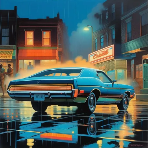 Prompt: 1970s, Detroit at night, neon, car chase, rain, fog, cold blue atmosphere, cartoony style, extremely detailed painting by Greg Rutkowski and by Henry Justice Ford and by Steve Henderson 

