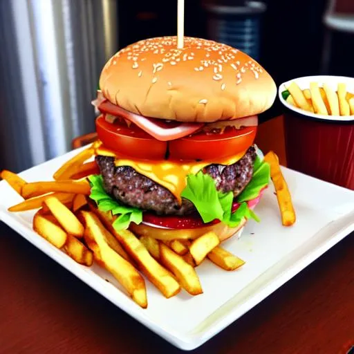 Prompt: Delicious burger with fries