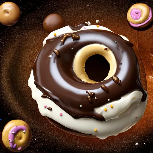 Prompt: A photorealistic happy chocolate donut with sprinkles dancing on Saturn