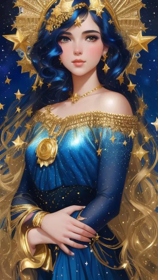 a beautiful girl on a dark blue background with gold...