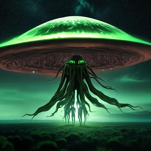 Prompt: giant strange looking alien coming from earth, with starry background, all in green, looking at the mothership 