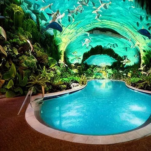 Prompt: Indoor pool, overgrown pool, majestic golden arches, plants and greenery, ocean cave, moon pool, coral reef, deep pool