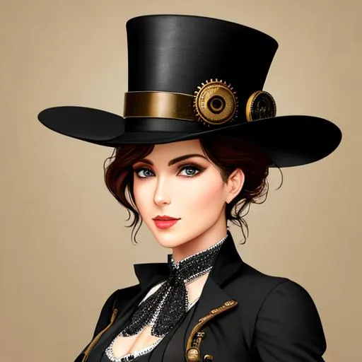 Prompt: steampunk female wearing a black tophat