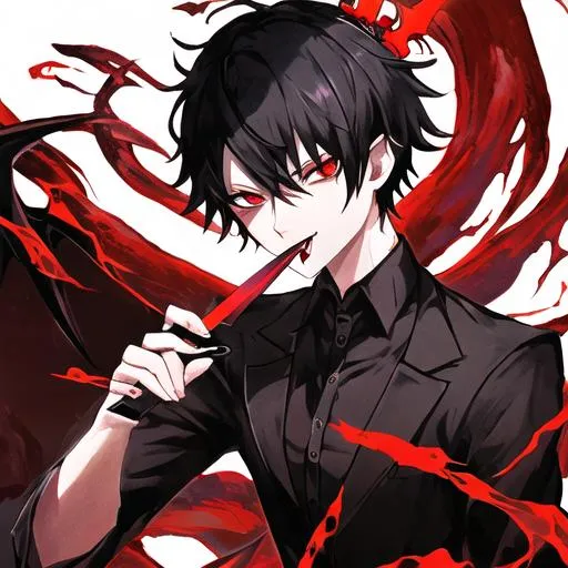 Prompt: Damien  (male, short black hair, red eyes) holding a knife up to his mouth wearing a crown, demon form
