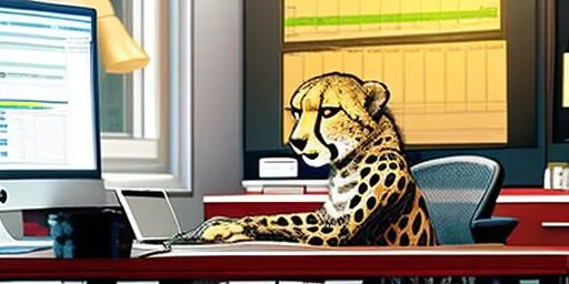 a cheetah working in an office looking at computer.... | OpenArt