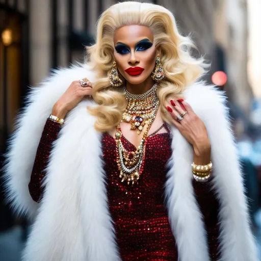 Prompt: drag queen with huge blond hair 
wearing full length sable fur coat and huge Chanel earrings, Chanel necklace and carryijng Chanel bag and wearing 2" long red painted fingernails
