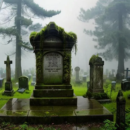 Prompt: overgrown photorealistic cemetary, mossy, misty, eerie atmosphere,  