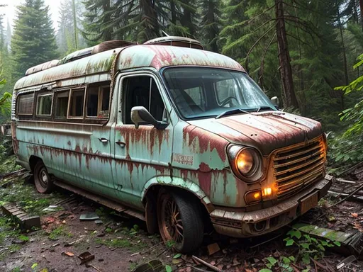 Prompt: The steampunk ghost van sits abandoned in the heart of the forest, its rusted metal and shattered windows hinting at a violent past. It seems to almost blend in with the surrounding trees, as if it has been there for centuries. The atmosphere is tense and foreboding, as if the very air is charged with supernatural energy. The car's headlights flicker on and off, casting eerie shadows that seem to move on their own. It is as if the car is alive, waiting for its next victim to cross its path. The sound of its engine roars to life, filling the forest with an otherworldly hum that sends shivers down the spine. Any who dare to approach the ghost car do so at their own risk, for once they are within its reach, they may never escape. , sharp focus, 8k, ultra realistic, jim lee, luis royo
