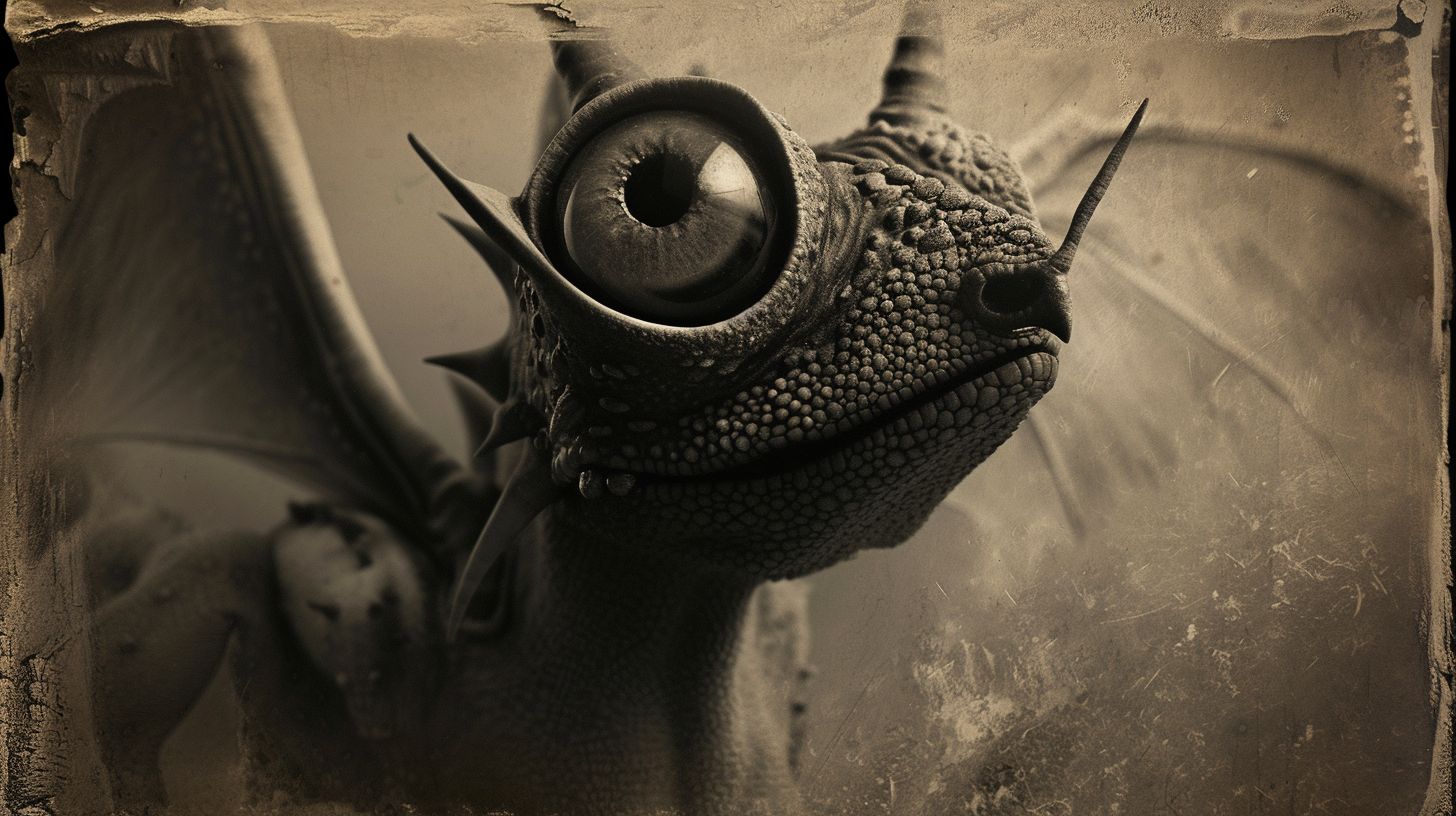 Prompt: a monster with one large eye looking at the camera, in the style of tintype photography, dragon art, maurice sendak, american sculpture 1830–1950, mars ravelo, brian despain, fantastical creatures