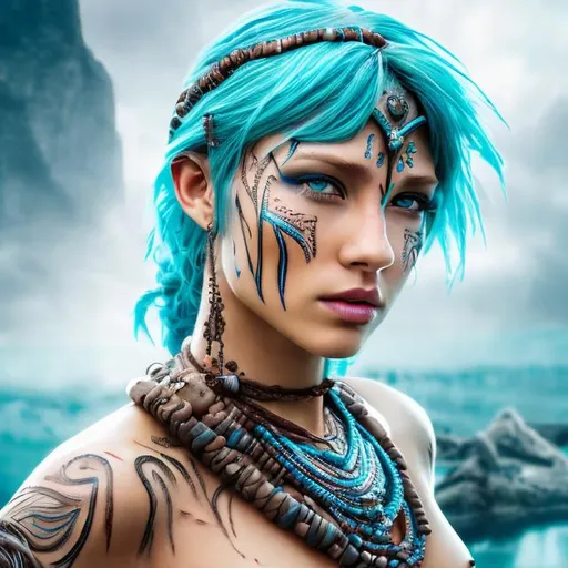 Prompt: professional modeling photo Kida as live action human woman hd hyper realistic beautiful athletic warrior woman white hair tan skin blue eyes beautiful face blue tribal outfit and jewelry and tribal tattoo enchanting atlantis hd background with live action realistic magical water