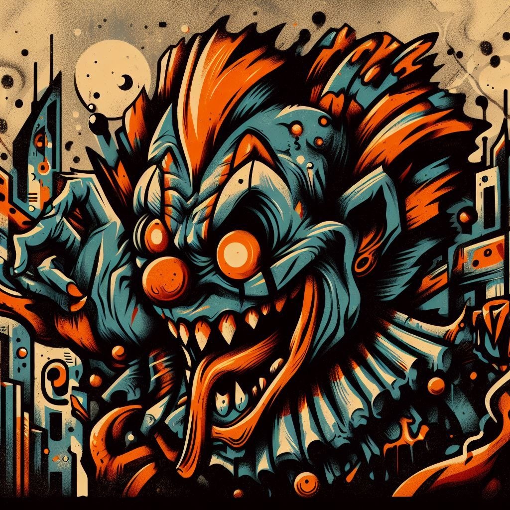 Prompt: illustrator's illustration for retaint rkc, in the style of clownpunk, colored cartoon style, kingcore, album covers, textured shading, roa, dark cyan and orange