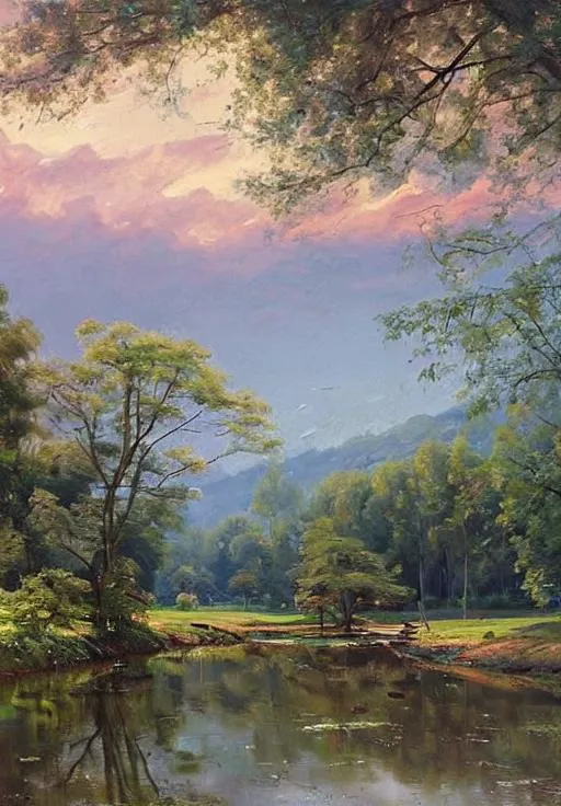 Prompt: Create a painting of a serene landscape in the style of Peder Mork Monsted using stable diffusion. Use the technique to capture the subtle variations in color and light, creating a sense of peace and tranquility in the painting