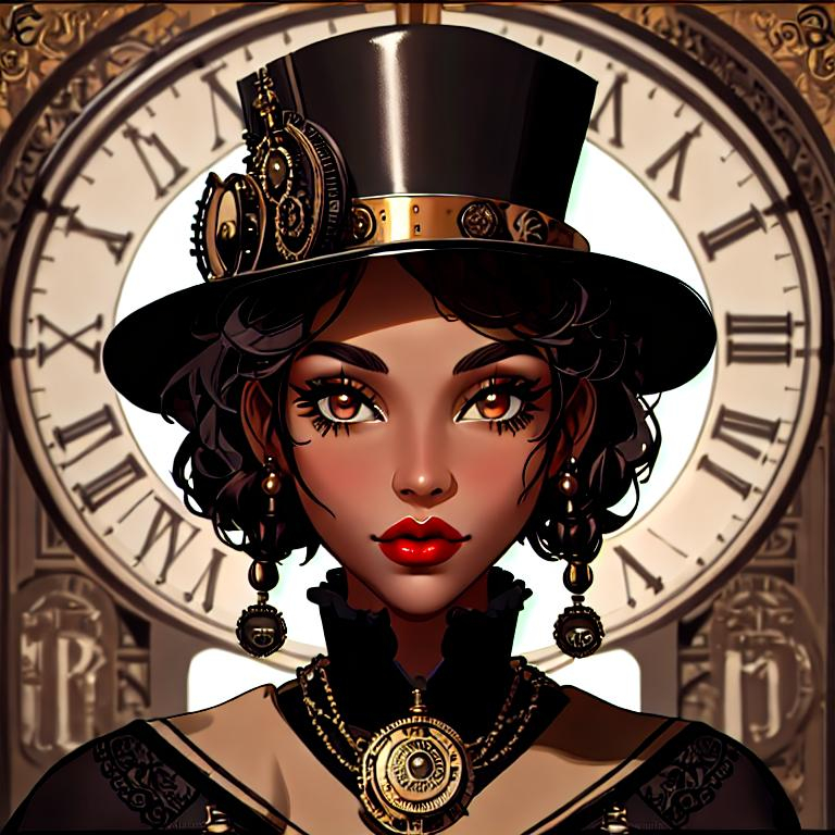 black Steampunk woman, pretty face, red lips, tall h