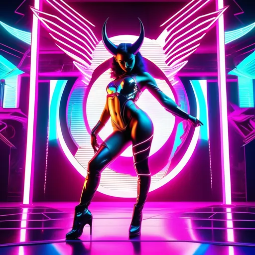 Prompt: a beautiful female demon in a dynamic pose in a retro futuristic synthwave cyberpunk neon paradise.  neon lighting, high quality, beautiful, masterpiece, artistic, synthwave, cyber, retro, futuristic