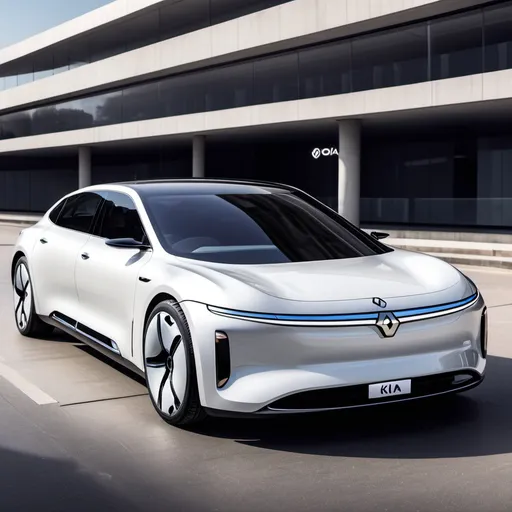 Prompt: a Renault/Kia EV resembling a Kia EV9 that is sleek, speedy, aerodynamic, and fits many