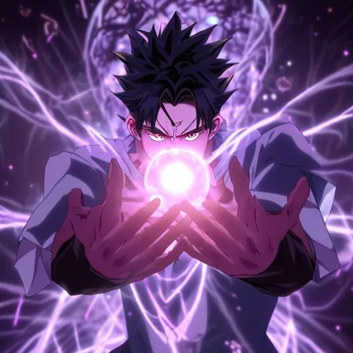 Prompt: an anime scene a man manifesting a purple energy within his hand in a dark room