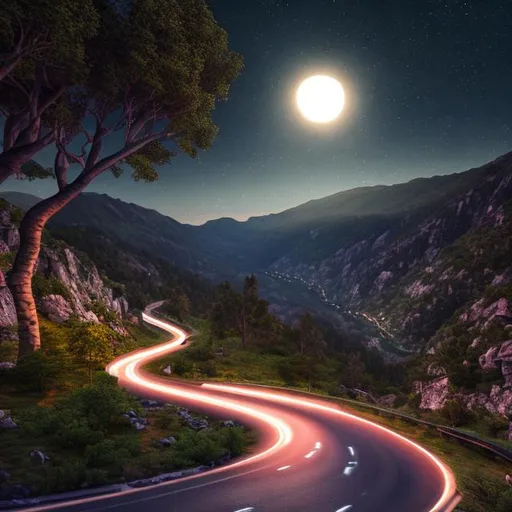 Prompt: vehicles driving up a long winding road, mountain, nighttime bacground, long exposure, Bright full moon, ray tracing, HDR, vivid colors, tonemapping, ultra high quality octane render, 4k, 3D Blender Render.