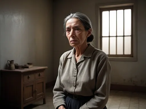 Prompt: Ana de Mendoza, a tragic figure in her final years, frail and contemplative, in a sparsely furnished room with minimal decoration, wearing plain attire suited for imprisonment, with the cold and stark atmosphere of her confinement clearly evident in the background, hyper-realistic, photo realism, cinematography --ar 9:16"