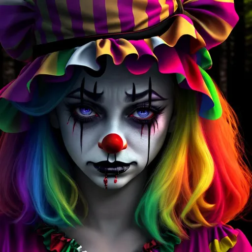 Prompt: ominous, sinister, Devastated Miserable Sad 3D HD Tragic Bum filthy {Clown}Female, hyper realistic, 4K expansive forest background --s99500