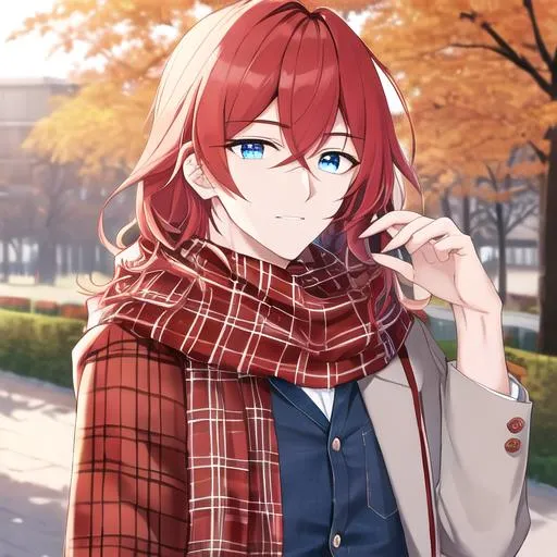 Prompt: Zerif 1male (Red side-swept hair covering his right eye, blue eyes), highly detailed face, wearing a cozy flannel shirt and a pair of stylish jeans. In the park, fall.  wearing a scarf, looking up at the sky, in a pumpkin patch, adult. Handsome,  detailed, UHD, HD, 4K, highly detailed, red haze, masculine, anime style