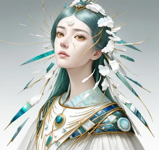 Prompt: Portrait of Beautiful woman in kintsugi style: Made of kyanite, mother of pearl, chrysocolla, gold and moonstone. Hyper detailed, sharp focus, high definition, super clear resolution , hypermaximalist, elegant, super detailed, meticulously crafted, HD DSLR 8K, Sharp details, color contrast, light reflex